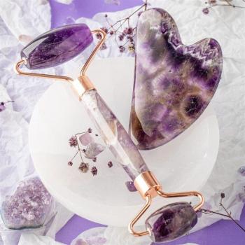 Maschera di massaggio con pietre di ametista – Set ruota e cuore Gua Sha