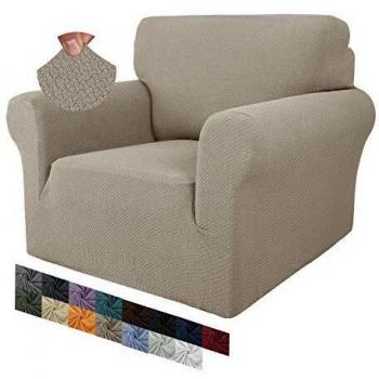 MAXIJIN Creative Jacquard Chair Covers for Living Room, Super Stretch Non Slip Chair Slipcover with Arms Dogs Pet Friendly 1-Piece Elastic Sofa Couch Protector Armchair Cover (1 Seater, Khaki)
