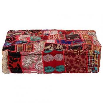 Red Cotton Square Pouffe with Patchwork Design 50x50x12 cm