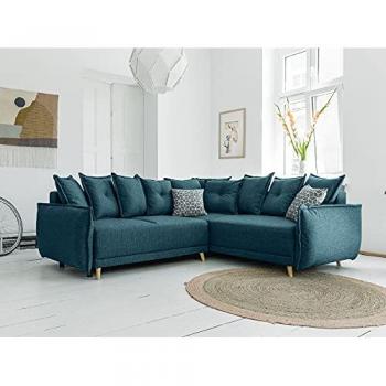 Lena Angle Convertible Canapé 5 places, style scandinave, finition bleu turquoise, coffre