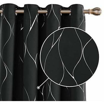 Deconovo Blackout Curtains, Eyelet Curtains, Thermal Insulated Silver Wave Line Foil Printed for Living room, 66 x 90 Inch, Black, 2 panels