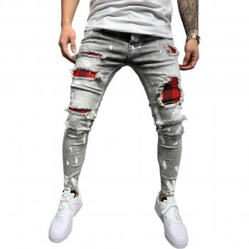 Jeans ajustados rasgados para hombre, pantalones de cuadros rojos, cintura elástica, S-3XL