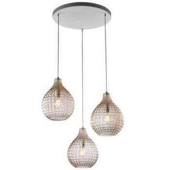 Lampadario Sospensione 3 Luci Diamante in Ferro Bianco e Vetro Soffiato Ambra