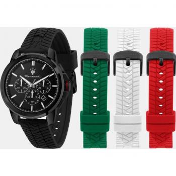 Reloj Maserati Successo 44mm: Acero 5 ATM, Pulsera Negra, Dial con Detalle Rojo