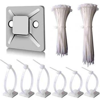 200 Kabelbinder + 100 selbstklebende Kabelbinder Halter, Kabelclips mit starken Klebepads, Kabelmanagement Set für Zuhause und Büro