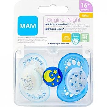 MAM Chupete con Tetina Látex Natural, Versión Night, para Bebés de 16+ Meses, Brilla en la Oscuridad, 2 Unidades, con Caja Autoesterilizable (El diseño puede variar respecto al mostrado en las imágenes)