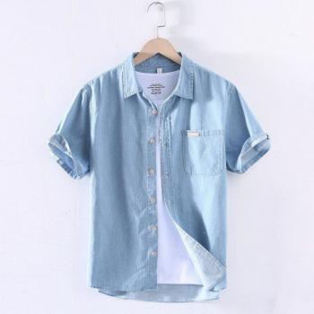 Japanese Style Men's Short-Sleeve Denim Shirt