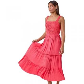 Robe Rouge Détail Crochet en Coton Mélangé Taille 40