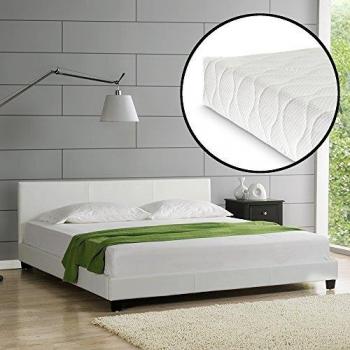 Lit Double Rembourré Corium avec Matelas 160x200 cm en Similicuir Blanc