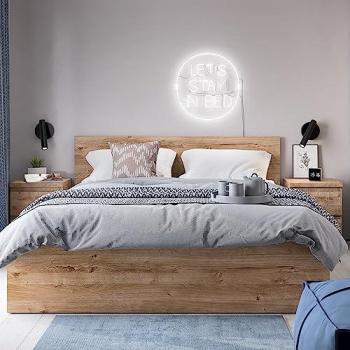 Schlafzimmer-Set FORTALEZA-129, Doppelbett 140x200, aufklappbares Lattenrost, 2 Nachtschränke, Eiche Nb