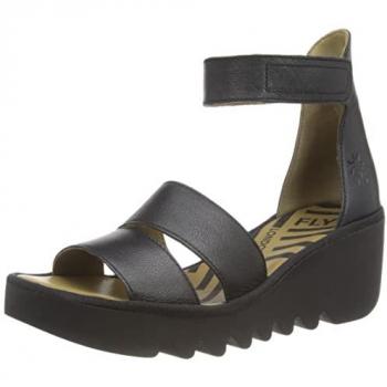 Fly London Bono Black Tumbled Leather Low Wedge Strappy Sandals for Women