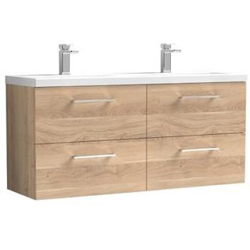 Nuie Arno 1200mm Wall Hung Vanity Unit with Double Ceramic Basin and 4 Soft Close Drawers in Bleached Oak