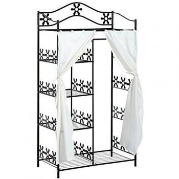 Homcom Armoire penderie 5 étagères 84L x 42l x 159H cm métal Noir Motif Fleurs 2 Rideaux Blanc