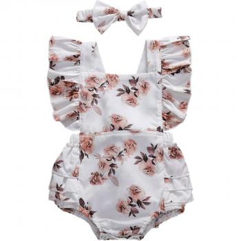 Barboteuse pour bébé fille 0-24M, combinaison sans manches, bandeau assorti