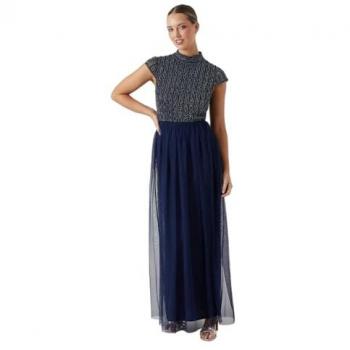 Navy Embellished Cap Sleeve Maxi Dress for Bridesmaids