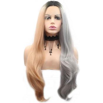Demi‑Gris / Orange Ombre – Perruque Longue en Dentelle