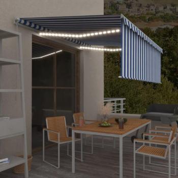 Auvent Manuel 4,5x3 m, Store Intégré & LED – Design Bleu-Blanc