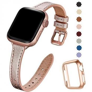 SUNFWR Compatible with Apple Watch Strap 38mm 40mm 41mm, Genuine Leather Strap Replacement, Slim & Thin Wristband for iWatch Series 7/6/5/4/3/2/1, SE (Rose Gold)