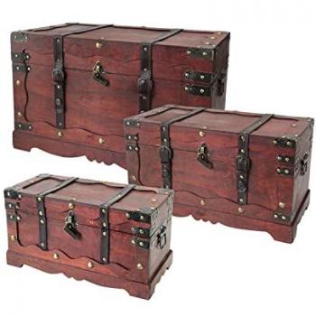 HMF 3er Set Holz-Schatztruhe mit dekorativem Metallschloss, handgefertigt aus Frankreich