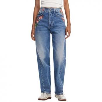 Vaquero Recto Bordado de Flores para Mujer Desigual Carina Azul