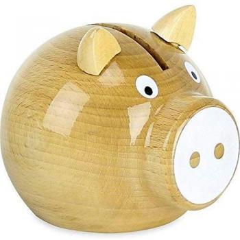 Tirelire en bois de cochon naturel avec couleur blanche sur le nez, fabriquée par Vilac