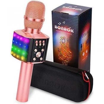 BONAOK Upgraded Bluetooth Karaoke Wireless Microphone with Flashing Colorful LED Lights, 4 in 1 Portable Bluetooth Karaoke Machine Home Party Speaker for iPhone/Android/PC