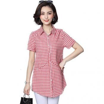 Blusa de verano para mujer, manga corta, estampado a cuadros, mezcla de lino y algodón, con bolsillos, vintage 1101