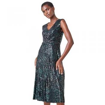 Emerald Sequin Twist Front Midi Dress for Women