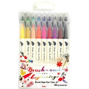Pentel Brush Sing Pen Set de 18 Rotuladores con Punta Ancha y Fina