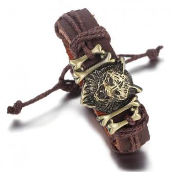Bracelet en cuir homme avec motif loup et os