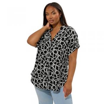 Yours – Geometrische schwarze Bluse mit V-Schlitz (Women's Curve & Plus Size)