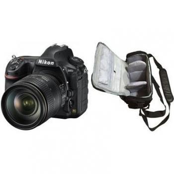 Paquete Nikon D850 con lente Nikkor 24‑120 mm f/4 ED VR, tarjeta SD 64 GB y bolso para cámara