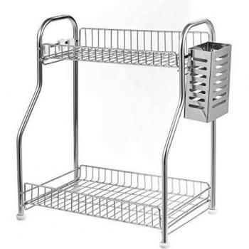 SONGMICS Gewürzregal mit 2 Ebenen, Küchenregal, stehend, Badezimmerregal mit 3 Haken, Küchen-Organizer mit Besteckhalter, für Küche, Badezimmer, silbern KCS015E01