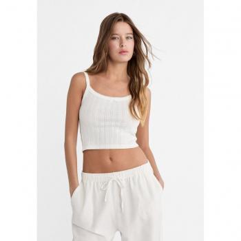 Stradivarius Openwork Cotton Top with Lace Border & Bow – White, L