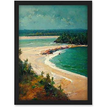 Black Frame Edition: Calm Sandy Beach Cove Seascape A4 Oil Print