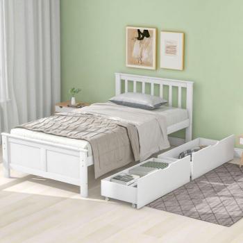 Lit Okwish 90x200 cm en Pin avec 2 Grands Tiroirs