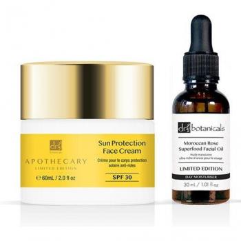 Paquete rejuvenecedor de Dr. Botanicals con crema solar, sérum Coco Noir y aceite de Rosa de Marruecos