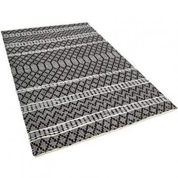 Tappeto Moderno Contemporaneo in Pelle e Cotone Nero con Beige 140 x 200 cm Motivo Chevron Fehimli