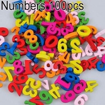 Kleurige houten plakkers voor decoratie: Letters + Nummers – 100