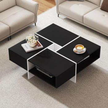 Tavolino per interni in stile minimalista, design bianco e nero con cassetti multipli