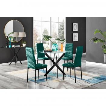 Milan Velvet Chair Set with Novara Glass Dining Table – Green