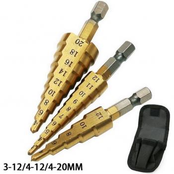 Titanium coated HSS step drill bit set 3pc 4-12/20/32mm