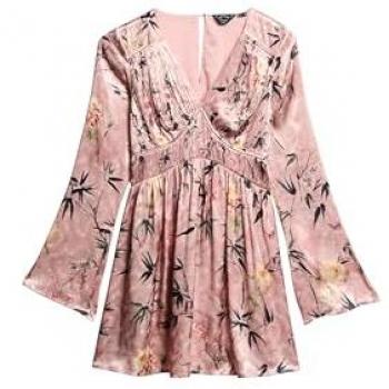Superdry – Robe mini jacquard roses, manches évasées, design floral japonais, taille 36