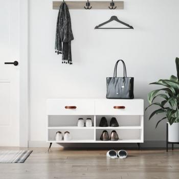 VidaXL Banco zapatero madera de ingeniería blanco brillo 102x35x55 cm