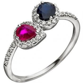Rosa Rubin & Blau Safir Ring – 38 Brillanten in 585 Weißgold (Größe 54)