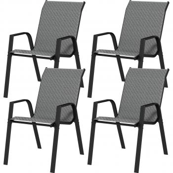 Pack 4 chaises de jardin Outsunny – empilables avec accoudoirs – acier noir époxy – résine tressée gris
