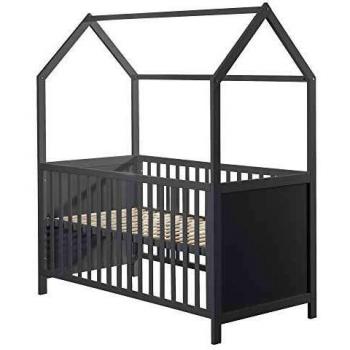 ROBA Lit Cabane Bébé Évolutif 70x140 cm – Multi‑fonction (lit junior, banc), réglage de hauteur, bois laqué gris/taupe