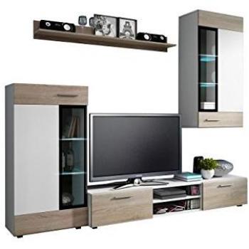 Conjunto de salón Tucson 101, roble sonoma, blanco, con mesa de tv, partes separadas, aglomerado laminado