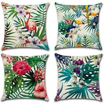 Freeas Tropical Plant Design Cushion Covers, Set of 4, 45 x 45 cm