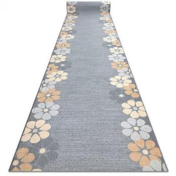 Grey Anti-Slip Hallway Runner with Rubber Backing, Margaretka Flower, 57x300 cm